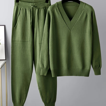 Set a due pezzi, maglione casual a maniche lunghe e pantaloni a V con scollo, senza cintura, lunghezza regolare delle maniche, pantaloni lunghi