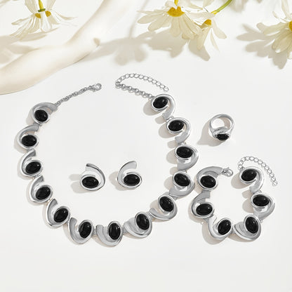 4 pezzi/Set Argento Donna Moda Semplice Collana Orecchini Braccialetto Anello Set Geometrico Ovale Nero Acrilico Intarsiato Spirale Cucitura Perline Pendente Collana Braccialetto Orecchini Anello Boho Spirale Design Set di Gioielli
