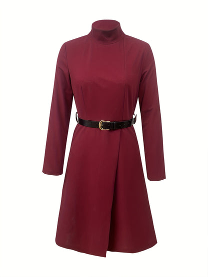 Women'S Elegant Office to Party Dress - Long Sleeve A-Line Formal attire with Belt, Structured Burgundy/Deep Red, for Business, Events, Everyday - Spring/Fall Women'S Clothing, Business Casual, Sophisticated Design, Polished Finish, Versatile Outfit, Prof