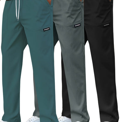 Set di 3 Pantaloni Casual da Uomo Leggeri - Gamba Dritta, Vita con Coulisse, Colore Unito (Nero, Grigio, Bianco), Abbigliamento da Lavoro Primavera/Estate, Lavabili in Lavatrice