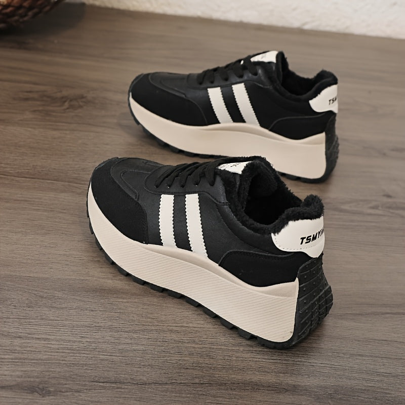 Scarpe da ginnastica invernali da donna con fodera in pile - Scarpe basse con lacci in pelle sintetica con design ricamato e suola spessa e morbida, ideali per un look casual e sportivo, scarpe da ginnastica invernali | Scarpe invernali alla moda | Suola