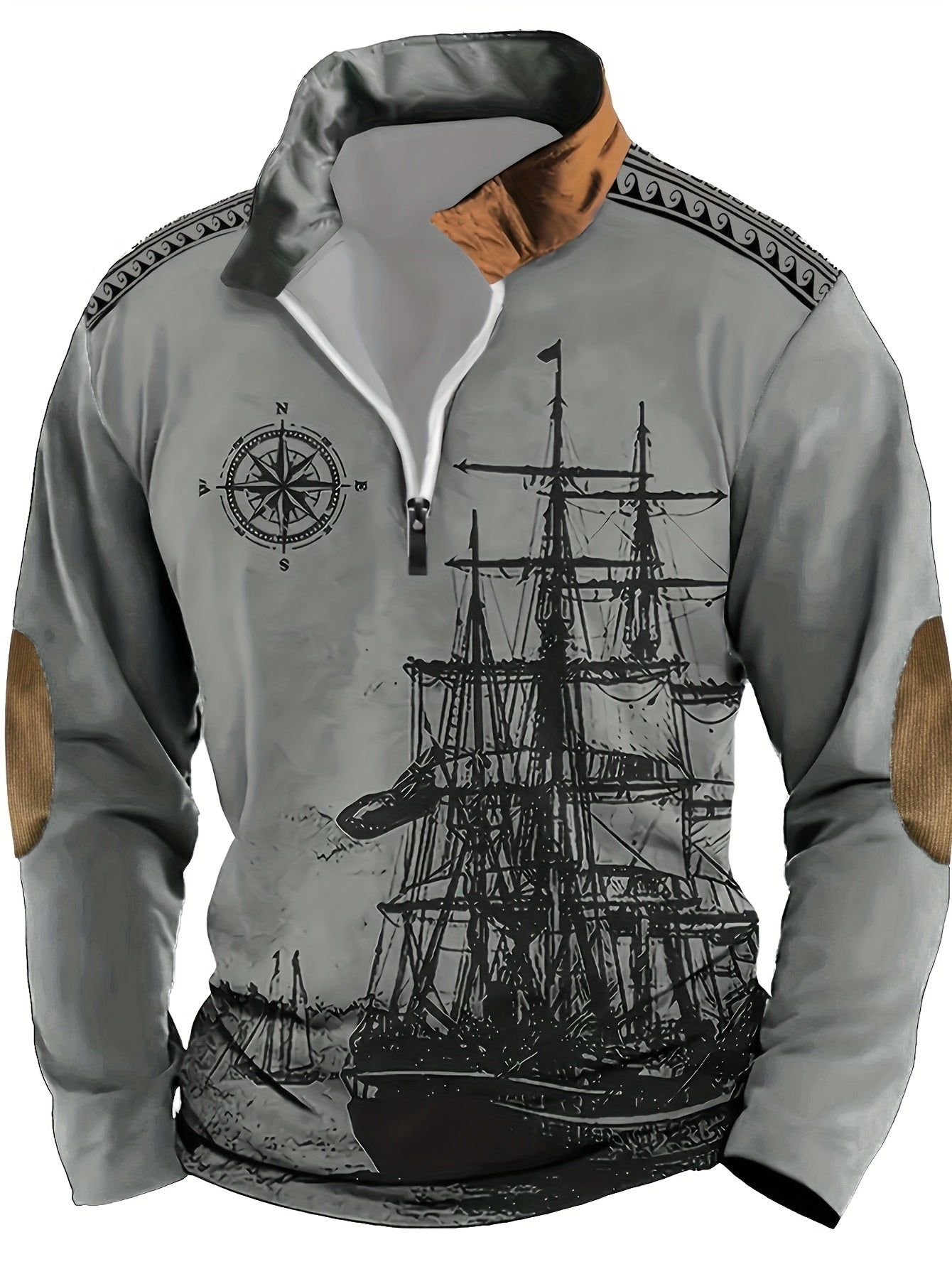 Maglietta polo a maniche lunghe con stampa di vela vintage per uomo, casual in poliestere 100% con maglia, vestibilità regolare con colletto a revers e zip, leggermente elasticizzata, 180 g/m² - Collezione autunnale