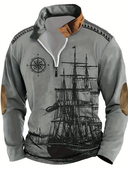 Maglietta polo a maniche lunghe con stampa di vela vintage per uomo, casual in poliestere 100% con maglia, vestibilità regolare con colletto a revers e zip, leggermente elasticizzata, 180 g/m² - Collezione autunnale