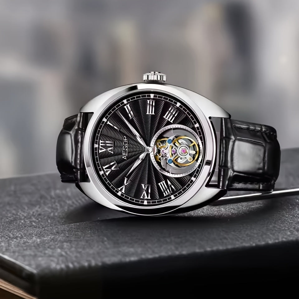 Orologio Meccanico di Lusso AESOP Uomo - Movimento True Flying Tourbillon, Carica Manuale con Quadrante Blu e Numeri Romani, Cassa in Acciaio Inossidabile, per Abbigliamento Formale e Casual - Regalo Ideale per Appassionati di Orologi, Design Elegante, Ar