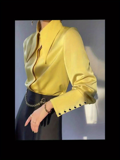 Maglia Casual Donna a Maniche Lunghe con Collo a Revers Tinta Unita