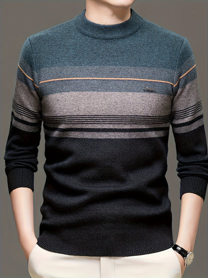 Maglione a maniche lunghe da uomo in maglia - Morbido pullover elasticizzato con strisce marroni/orizzontali, maglione invernale a girocollo per outfit di tutti i giorni e formali, regalo ideale per la festa del papà, marito, fidanzato - Abbigliamento aut