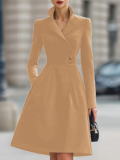 Women'S Elegant A-Line Maxi Dress with Pockets - High Neck, Long Sleeve, Button-Up Front, Flowy Hem, Perfect for All Seasons, Casual to Formal Wear