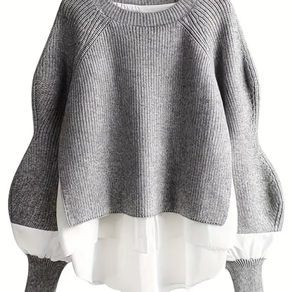 Maglione Bicolore Elegante da Donna - Look a Strati, Blusa a Maniche Lunghe con Scollo Rotondo per Primavera/Autunno, Ufficio, Festa