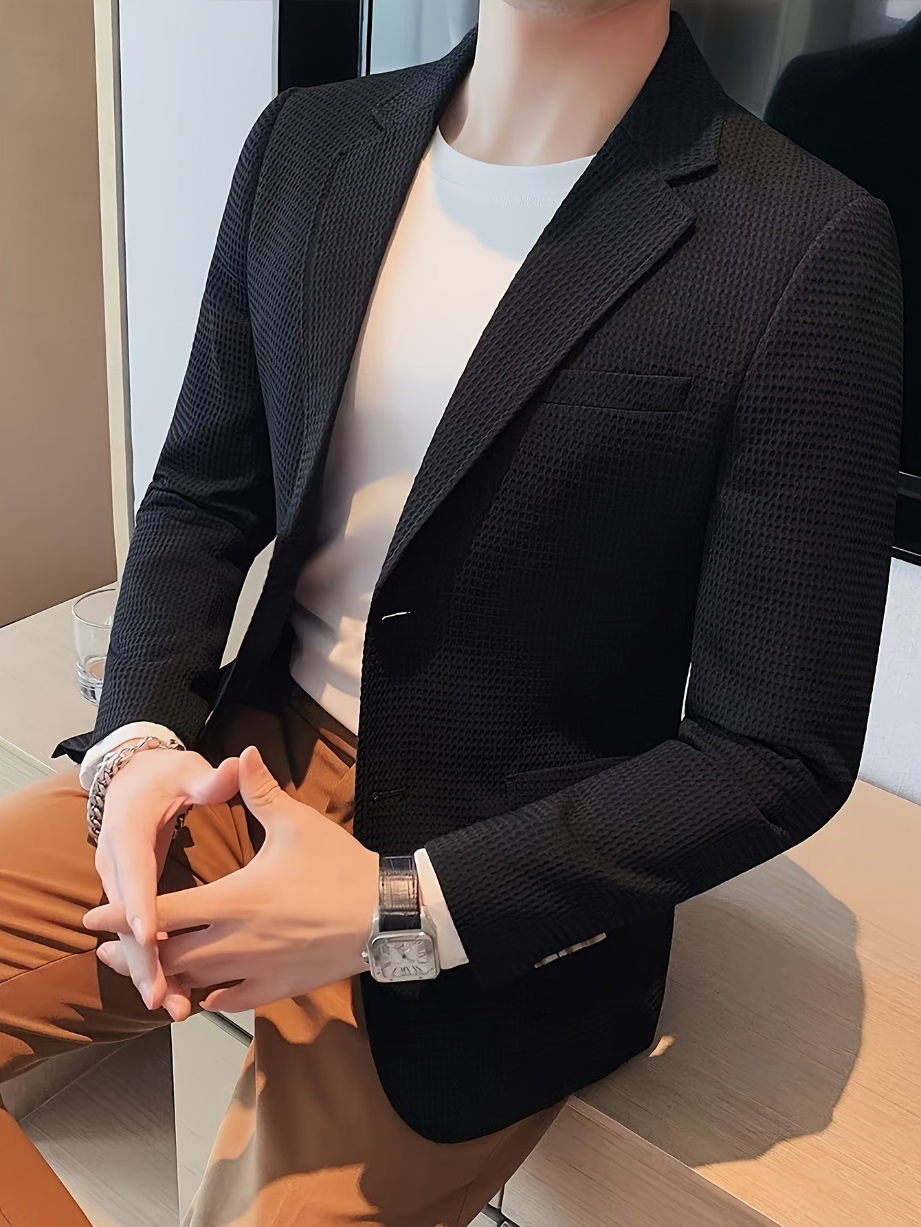 Linea Classic - Blazer a maniche lunghe in maglia waffle per uomo