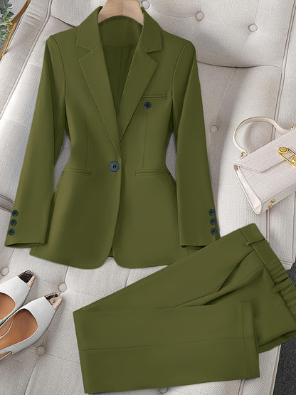 Women'S Casual Two-Piece Set, Stylish Business Solid Color Long Sleeve Suit Jacket and Pants Set, Polyester, Lapel Collar, Regular Fit, All Season, with Optional Handbag and Earrings, for Fashionable Workwear, Business Attire|Sleek Formal Attire|Polyester