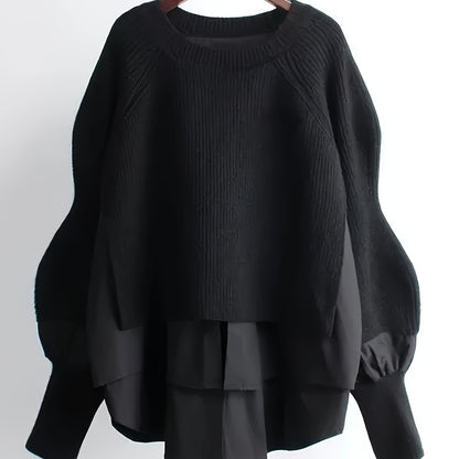 Maglione Bicolore Elegante da Donna - Look a Strati, Blusa a Maniche Lunghe con Scollo Rotondo per Primavera/Autunno, Ufficio, Festa