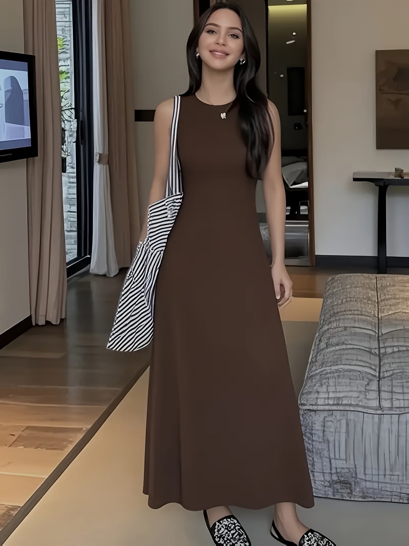 Women's Elegant Sleeveless Maxi dress - Formal to Casual Outfits, Machine Washable Deep Brown Dress for Vacation, Office, Parties - Flattering Fit Everyday & Special Occasions