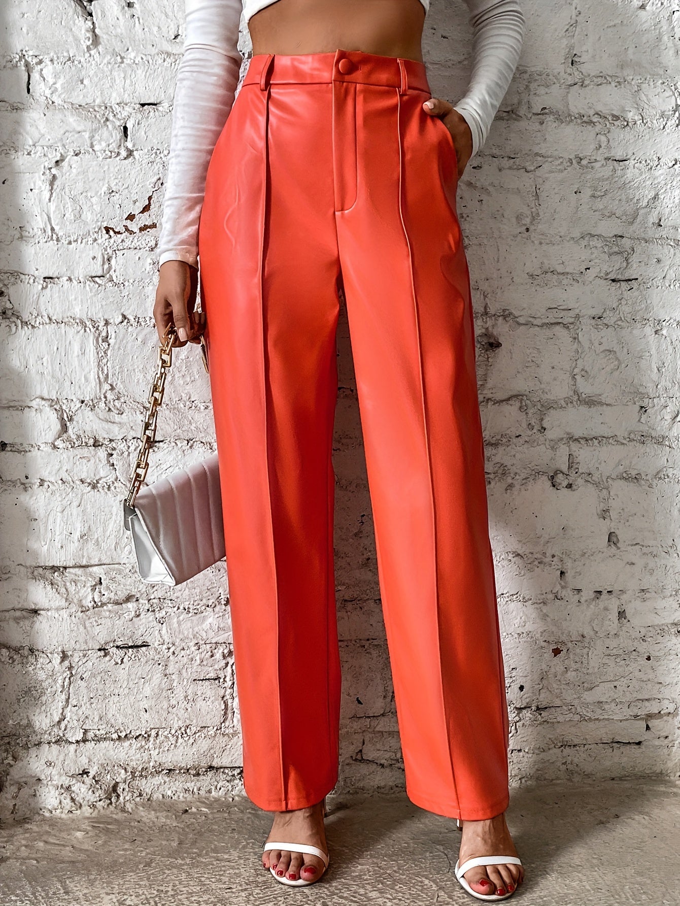 Pantaloni a gamba dritta in pelle sintetica da donna con cucitura a cerniera, pantaloni lunghi casual con cuciture decorative sul davanti e sul lato, perfetti per l'autunno/inverno