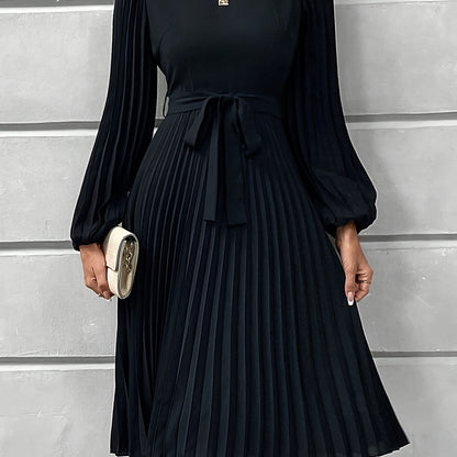 Women'S Elegant Formal & Everyday dress - Long Lantern Sleeves, Adjustable Waist Tie Belt, Flattering A-Line Silhouette, Knee-Length Party Wedding Office Outfit in - Easy-Care Women'S Clothing, Versatile Wardrobe Staple, Sophisticated Pleated Skirt, Durab