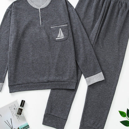 Pigiama invernale da uomo in pile, pigiama casual in poliestere lavorato a maglia, manica lunga, scollo Henley, motivo geometrico, vestibilità comoda, abbigliamento da notte per uso domestico