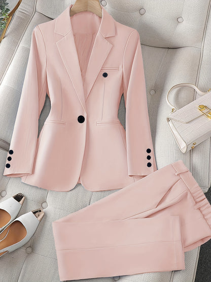 Women'S Casual Two-Piece Set, Stylish Business Solid Color Long Sleeve Suit Jacket and Pants Set, Polyester, Lapel Collar, Regular Fit, All Season, with Optional Handbag and Earrings, for Fashionable Workwear, Business Attire|Sleek Formal Attire|Polyester
