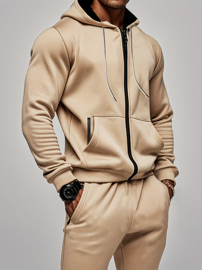 Set di 2 pezzi da uomo con felpa con cappuccio a tinta unita a maniche lunghe + pantaloni, set casual sportivo da fitness coordinato