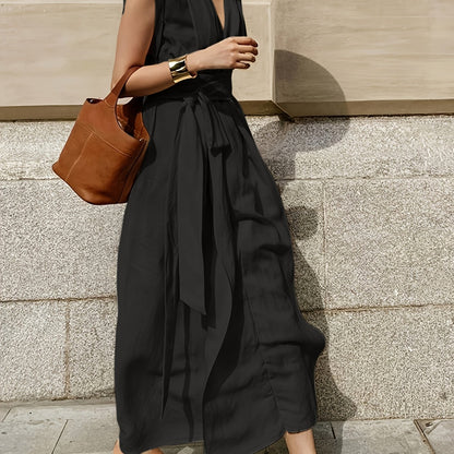 Solid Color Spring And Summer Linen Blend Sleeveless Dress with Pockets, Belt, And an Elegant French Style, Perfect for Vacations.