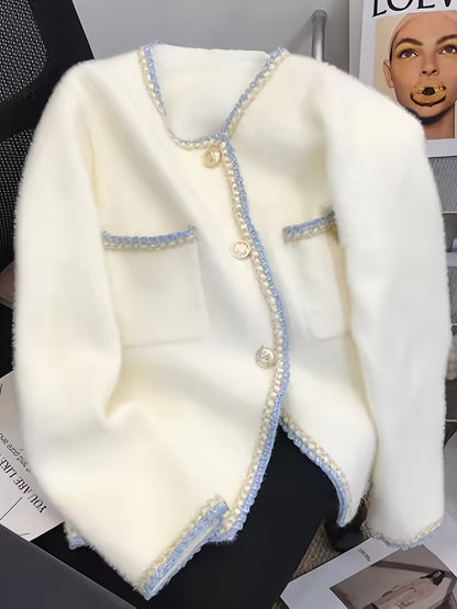 Taglia Plus - Cardigan elegante ispirato alla Francia con velluto di visone finto, maniche lunghe e bottoni sul davanti - Colletto casual ma chic, tessuto a media elasticità, perfetto per l'autunno/inverno, Cardigan taglia Plus