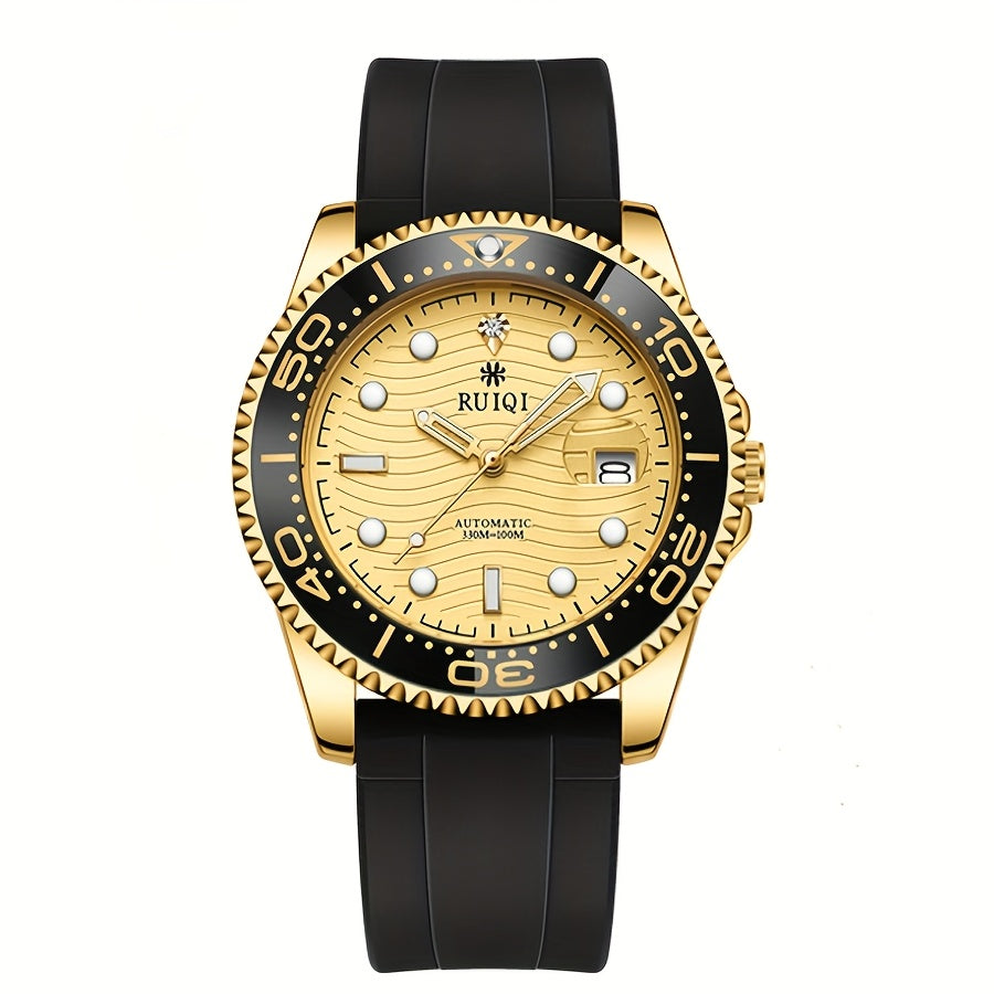 Orologio Meccanico da Uomo RUIQI con Quadrante Luminoso che Brilla al Buio, Faccia Girevole & Display Analogico, Movimento Automatico, Cassa in Tono Oro e Cinturino Nero, Multi-Quadranti per Sport ed Abbigliamento Casual, Elegante orologio analogico di lu