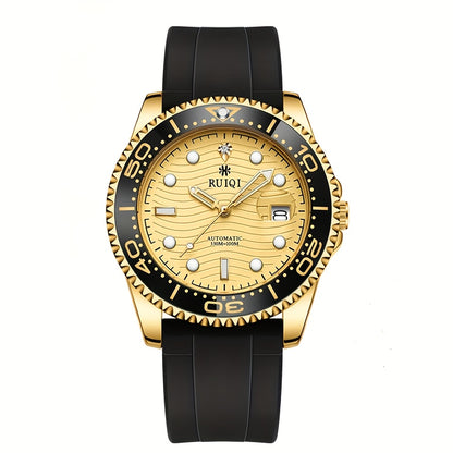 Orologio Meccanico da Uomo RUIQI con Quadrante Luminoso che Brilla al Buio, Faccia Girevole & Display Analogico, Movimento Automatico, Cassa in Tono Oro e Cinturino Nero, Multi-Quadranti per Sport ed Abbigliamento Casual, Elegante orologio analogico di lu