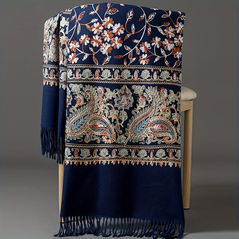Abbigliamento esterno ricamato floreale stagionale bohemien, sciarpa ricamata in vintage per primavera e autunno, scialle versatile, sciarpa etnica, scialle di grandi dimensioni per il calore.