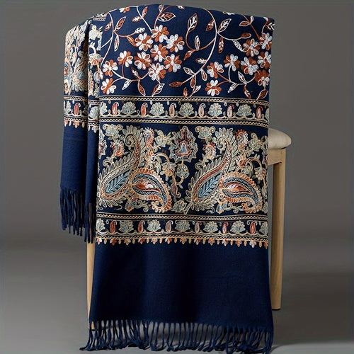 Abbigliamento esterno ricamato floreale stagionale bohemien, sciarpa ricamata in vintage per primavera e autunno, scialle versatile, sciarpa etnica, scialle di grandi dimensioni per il calore.