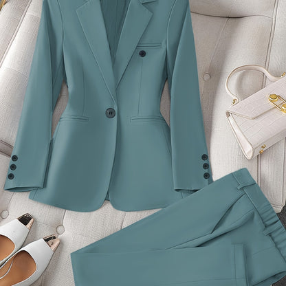 Women'S Casual Two-Piece Set, Stylish Business Solid Color Long Sleeve Suit Jacket and Pants Set, Polyester, Lapel Collar, Regular Fit, All Season, with Optional Handbag and Earrings, for Fashionable Workwear, Business Attire|Sleek Formal Attire|Polyester