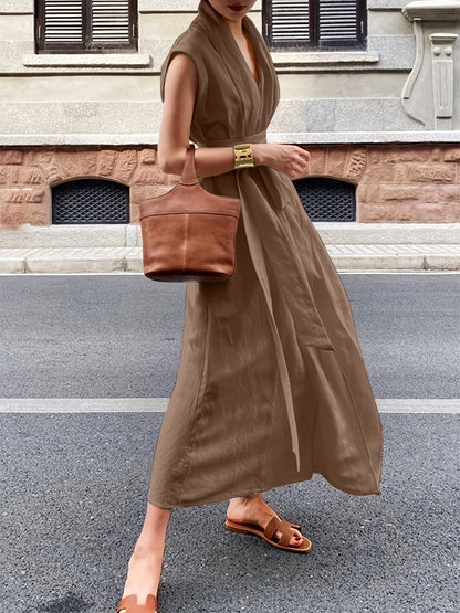 Solid Color Spring And Summer Linen Blend Sleeveless Dress with Pockets, Belt, And an Elegant French Style, Perfect for Vacations.