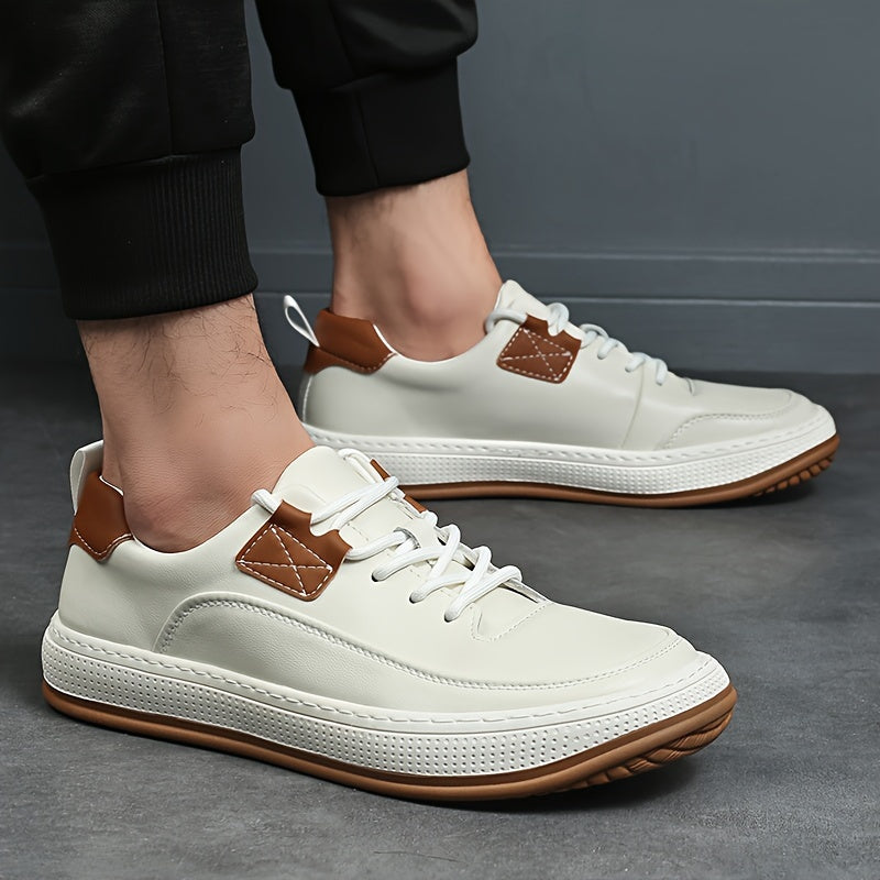 Scarpe da ginnastica casual in vera pelle da uomo, stile sportivo preppy, tinta unita, per tutte le stagioni, con lacci, punta tonda, suola in gomma, soletta sintetica, per escursioni, attività all'aperto, abbigliamento quotidiano e casual.