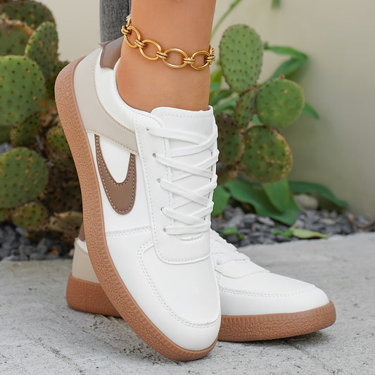 Scarpe da Ginnastica Casual Donna Bianche e Marroni - Design a Righe con Lacci, Tomaia in PU e Suola EVA Ammortizzata per Comfort 24 Ore su 24, Versatili Tutte le Stagioni, Interno Foderato in Tessuto