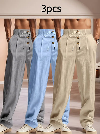 3pcs Pantaloni Casual in Lino Leggeri da Uomo - Vestibilità Rilassata Traspirante con Vita Elastica e Chiusura a Bottone, Tessuto Non Elasticizzato per Abbigliamento da Spiaggia Esterno, Comfort Tutte le Stagioni (Beige/Verde/Azzurro), Pantaloni da Spiagg