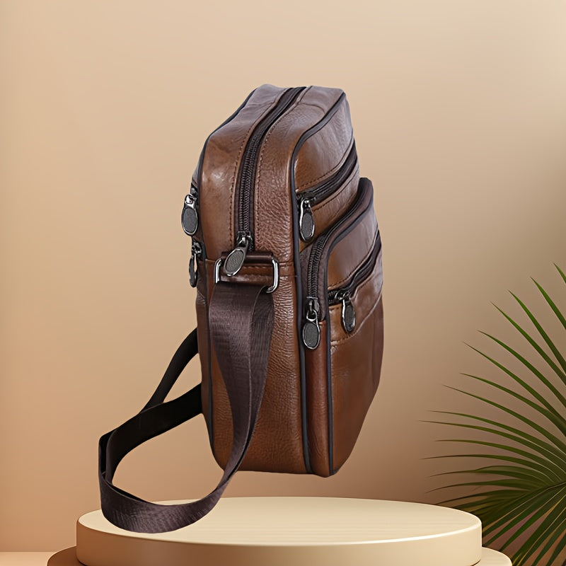 Linea Classic- Borsa a tracolla in vera pelle per uomo - Grande capacità, pelle bovina di alta qualità, marsupio marrone con texture