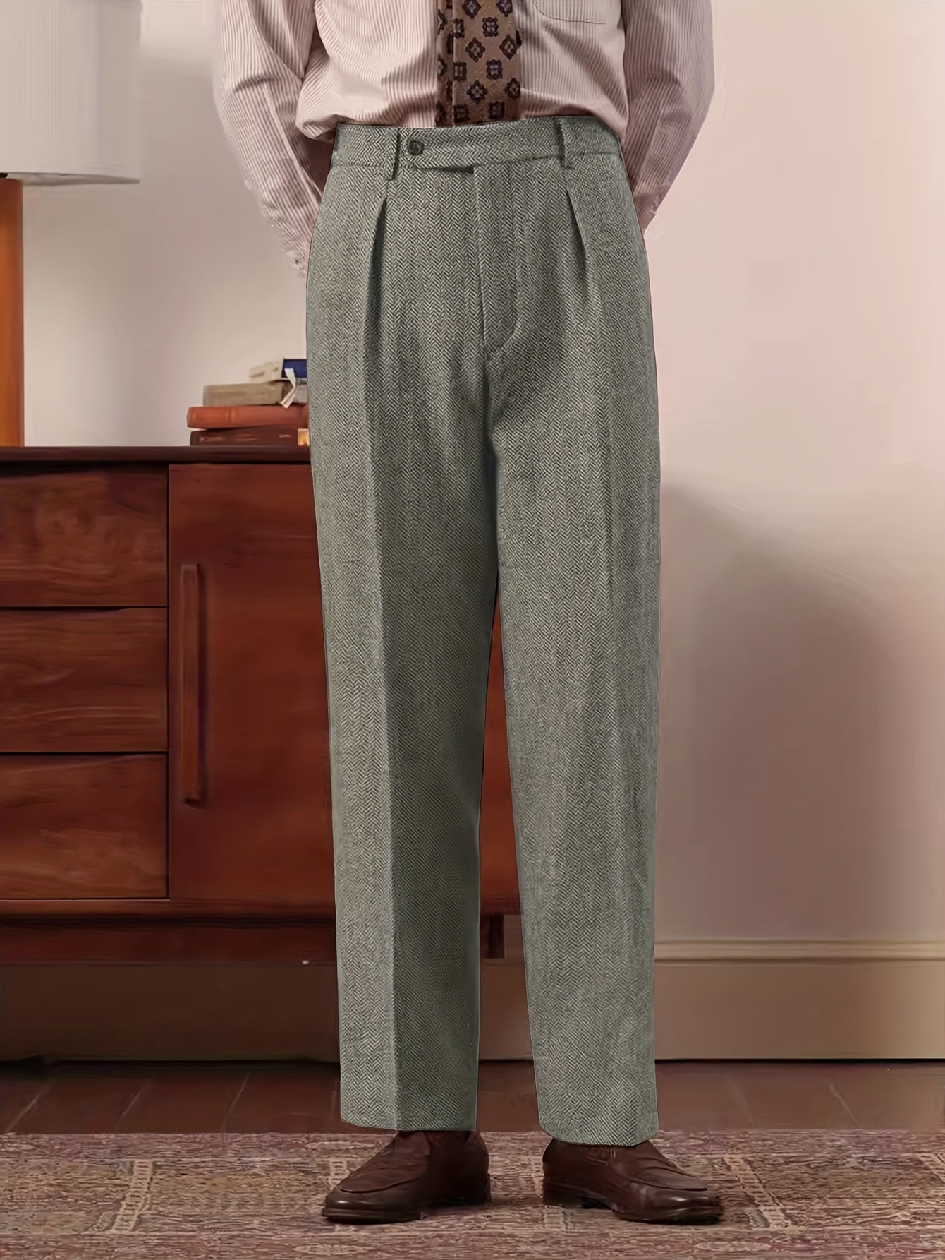 Pantaloni da uomo eleganti in tweed italiano - Pantaloni a gamba dritta a vita alta con chiusura a bottoni, tessuto non elasticizzato per ufficio ed eventi formali - Abbigliamento business autunno/inverno, evento formale, design classico, costruzione resi