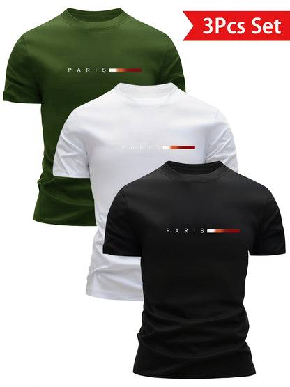 3pcs Magliette da uomo leggere con scollo rotondo - Asciugatura rapida, traspiranti, che assorbono il sudore, design stampa Parigi, vestibilità regolare, abbigliamento casual per tutte le stagioni, regalo ideale per gli uomini, maglietta casual | Magliett