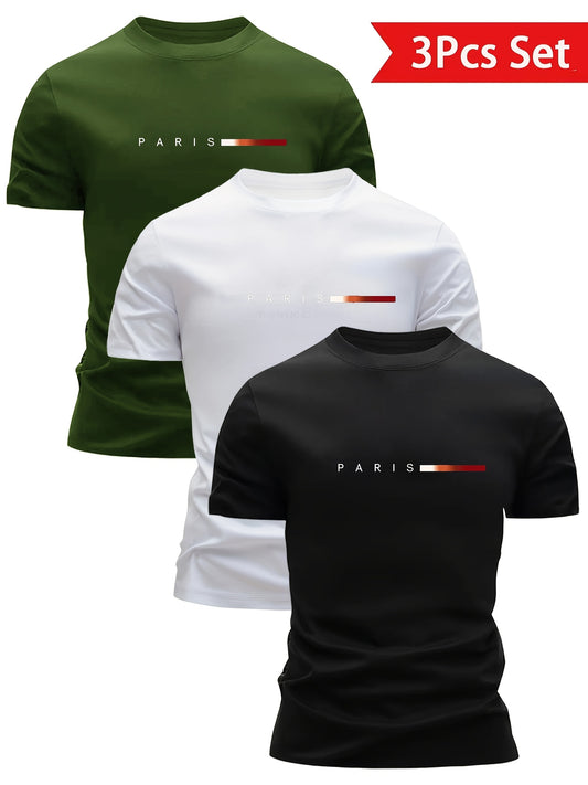 3pcs Magliette da uomo leggere con scollo rotondo - Asciugatura rapida, traspiranti, che assorbono il sudore, design stampa Parigi, vestibilità regolare, abbigliamento casual per tutte le stagioni, regalo ideale per gli uomini, maglietta casual | Magliett