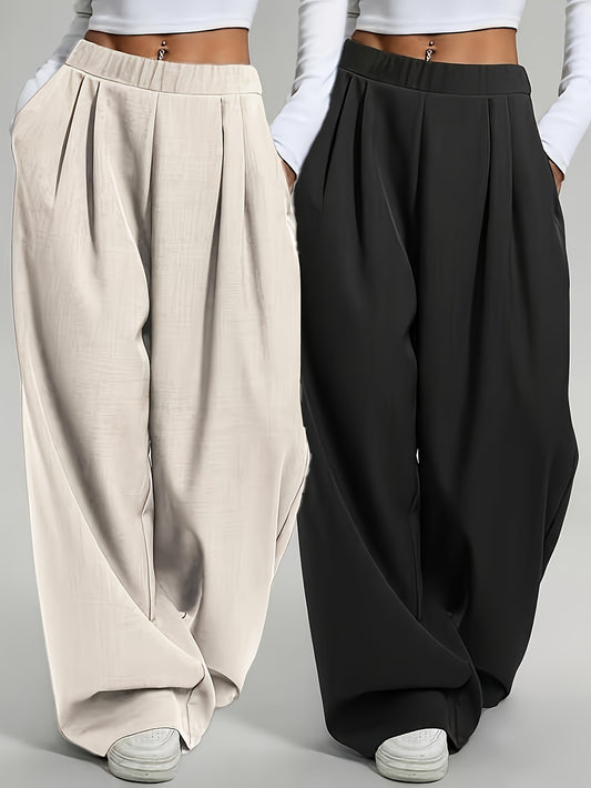 2 pezzi Pantaloni da donna eleganti a gamba larga tinta unita - Pantaloni ampi per tutte le stagioni con tasche, tinta unita e blu navy, abbigliamento casual e formale per tutte le stagioni