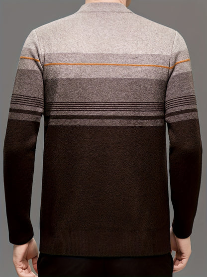 Maglione a maniche lunghe da uomo in maglia - Morbido pullover elasticizzato con strisce marroni/orizzontali, maglione invernale a girocollo per outfit di tutti i giorni e formali, regalo ideale per la festa del papà, marito, fidanzato - Abbigliamento aut