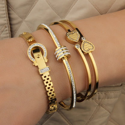 3 pezzi, bracciale da donna in acciaio inossidabile, pendente romano a doppia amore intarsiato con zirconi scintillanti, alla moda e versatile, molto adatto per l'uso quotidiano e come regalo