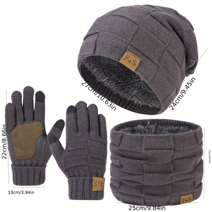 Set invernale in maglia acrilica da 3 pezzi per uomo, tema supereroe, leggero cappello a visiera con pizzo, guanti elastici, calzamaglia con chiusura a scatto, lavabile a mano - Accessori versatili per il giorno della neve