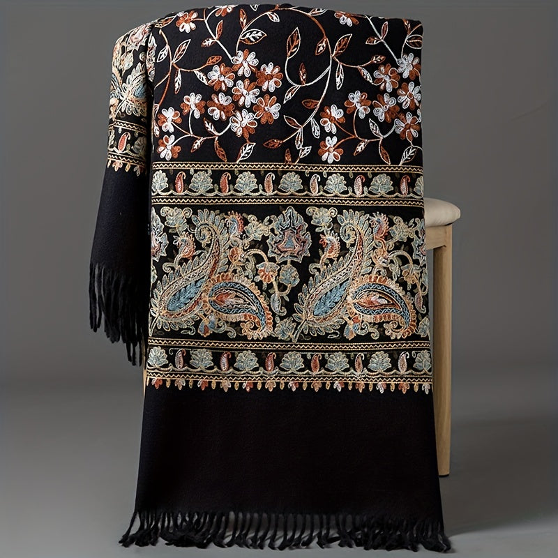 Abbigliamento esterno ricamato floreale stagionale bohemien, sciarpa ricamata in vintage per primavera e autunno, scialle versatile, sciarpa etnica, scialle di grandi dimensioni per il calore.