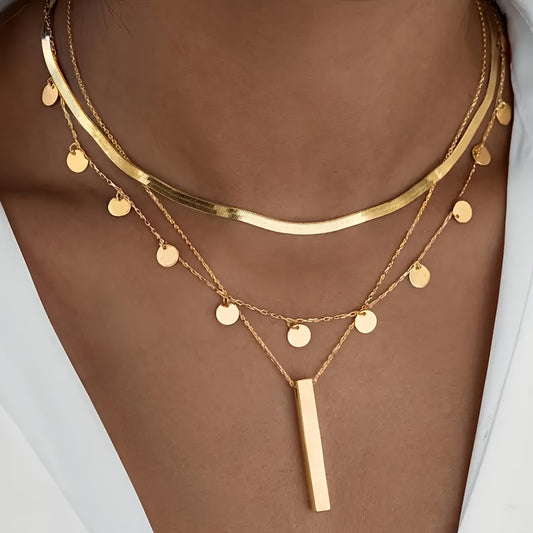 3pz Elegante Set di Collane Multi-Livello ispirate al Vintage, Lega di Zinco, con Pendenti a Disco e Fiocchi, per Donne, Ideale per l'Abbigliamento Quotidiano e le Occasioni Speciali