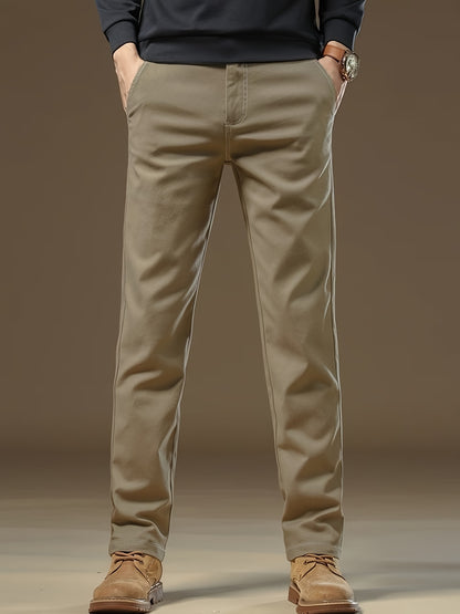 Pantaloni Casual Uomo in Cotone Pesante con Vita Elastica - Beige Tinta Unita, Gamba Larga e Passanti per Cintura, Morbidi Comodi da Inverno Ideali per Ufficio, Eventi Formali & Abbigliamento Quotidiano, Lavabile a Macchina (Lunghezza Regolare)