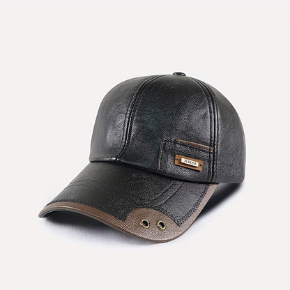 1pz Cappello da baseball casual in similpelle da uomo, cappello invernale alla moda regolabile con fodera in pile per persone di mezza età e anziani