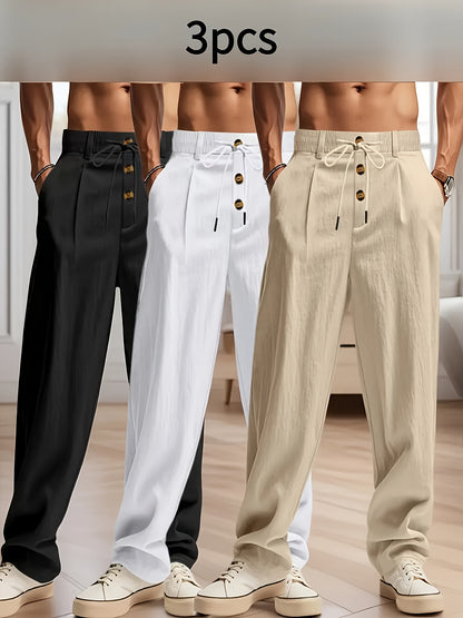 3pcs Pantaloni Casual in Lino Leggeri da Uomo - Vestibilità Rilassata Traspirante con Vita Elastica e Chiusura a Bottone, Tessuto Non Elasticizzato per Abbigliamento da Spiaggia Esterno, Comfort Tutte le Stagioni (Beige/Verde/Azzurro), Pantaloni da Spiagg