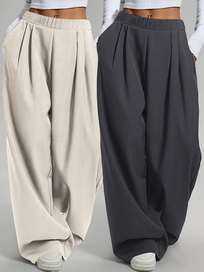2 pezzi Pantaloni da donna eleganti a gamba larga tinta unita - Pantaloni ampi per tutte le stagioni con tasche, tinta unita e blu navy, abbigliamento casual e formale per tutte le stagioni