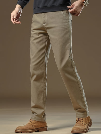 Pantaloni Casual Uomo in Cotone Pesante con Vita Elastica - Beige Tinta Unita, Gamba Larga e Passanti per Cintura, Morbidi Comodi da Inverno Ideali per Ufficio, Eventi Formali & Abbigliamento Quotidiano, Lavabile a Macchina (Lunghezza Regolare)