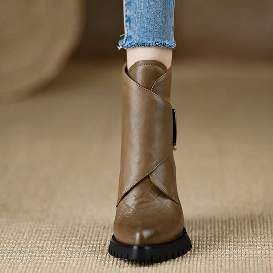 Stivaletti da Donna, Stivali Corti Morbidi in Pelle Sintetica per l'Inverno con Fodera in Peluche Rinforzata e Punta a Vite Retro Europea-Americana