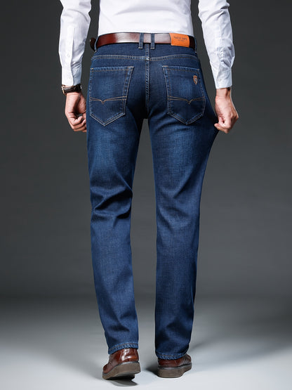 Pantaloni casual a gamba dritta con chiusura a bottoni, tasche e cintura marrone, finitura lavata blu chiaro per l'autunno/inverno, abbigliamento confortevole | Pantaloni a gamba dritta in denim finto | Design classico della tasca