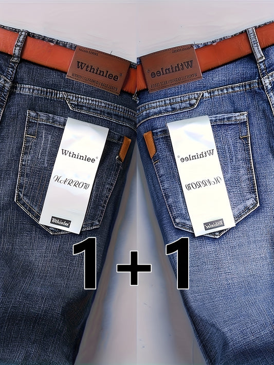 2-Pack Deal, Pantaloni Uomo in Denim Finto Classico, Comodi e Casual, Adatti per Tutte le Stagioni, Affari e Formalità, Colore Solido, Vestibilità Regolare, Vita Media, Cerniera, Dettagli Lavati, Stile Classico, Abbigliamento Versatile, Cuciture di Qualit